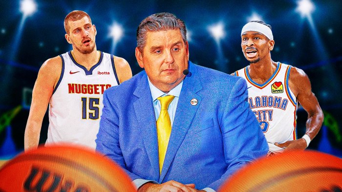 Shai Gilgeous-Alexander, Nikola Jokic, and Brian Windhorst in the middle.