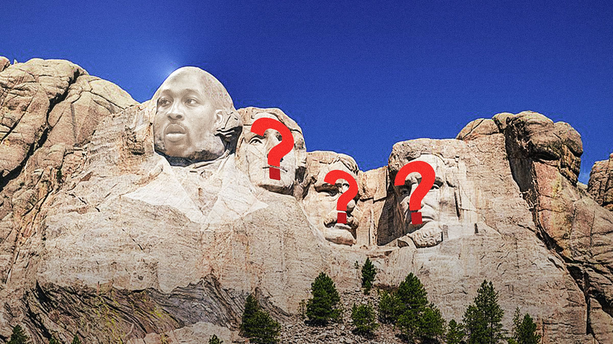 Head of Dwight Howard on Mount Rushmore, with question marks on the three other heads