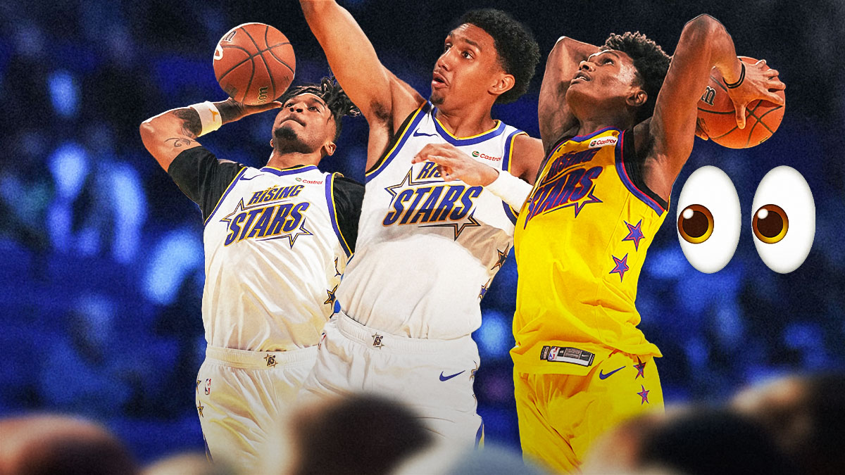 Image of Stephon Castle, Ryan Dunn, and Amen Thompson (all wearing white Rising Stars jerseys) looking happy and hyped. Eyes emoji next to them