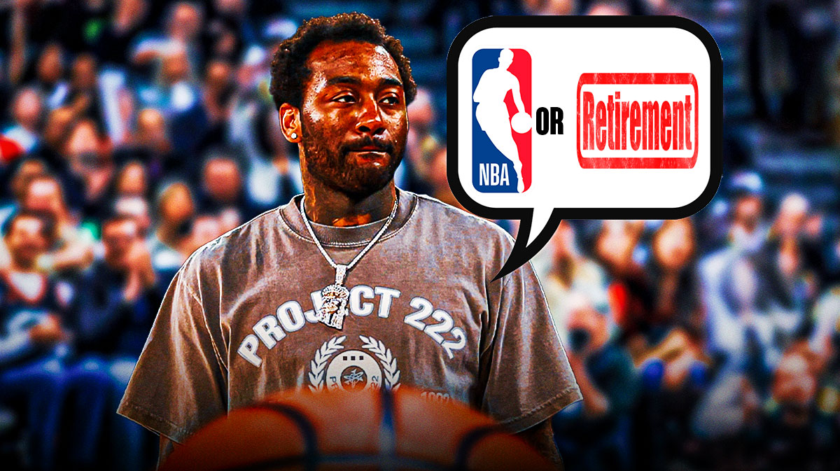 John Wall with a thought bubble that has the NBA logo in it. After the NBA logo, there's the word "or" and after the word "or" there's the word "retirement"