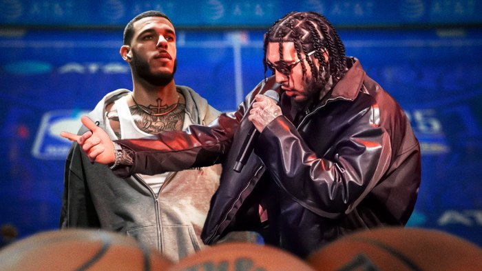 Bulls guard Lonzo Ball next to his brother LiAngelo Ball performing at All-Star Saturday Night