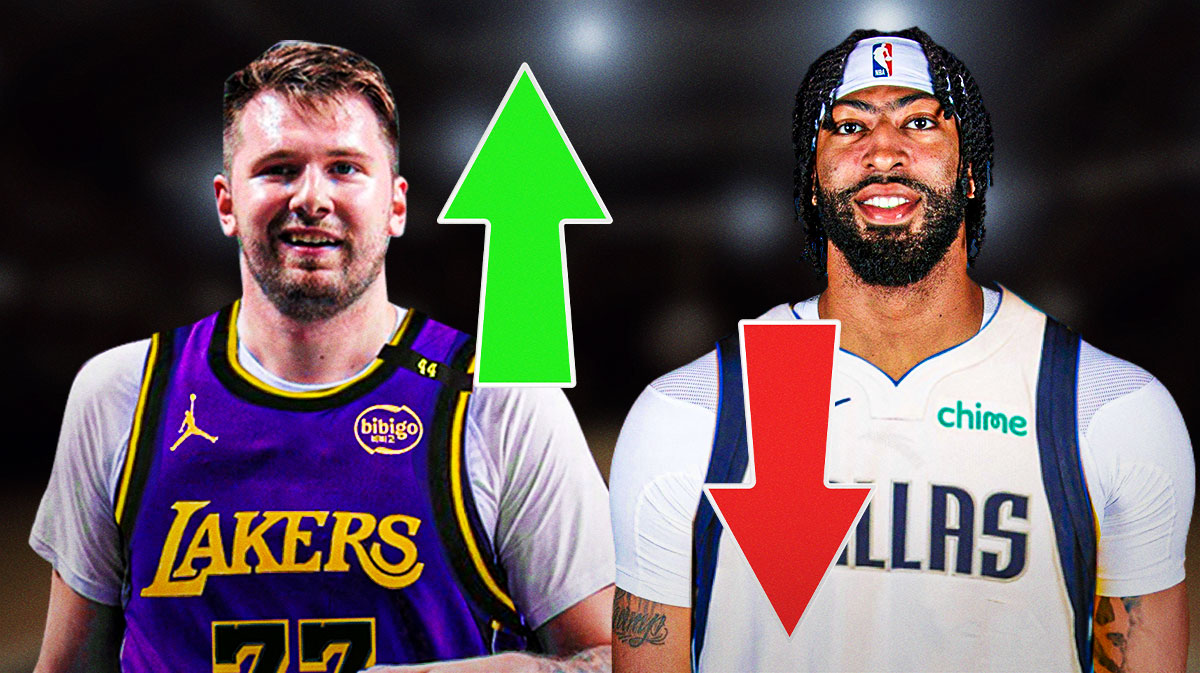 Luka Doncic in Lakers uniform with a green arrow pointing up next to him. Anthony Davis in Mavericks uniform with red arrow pointing down next to him.