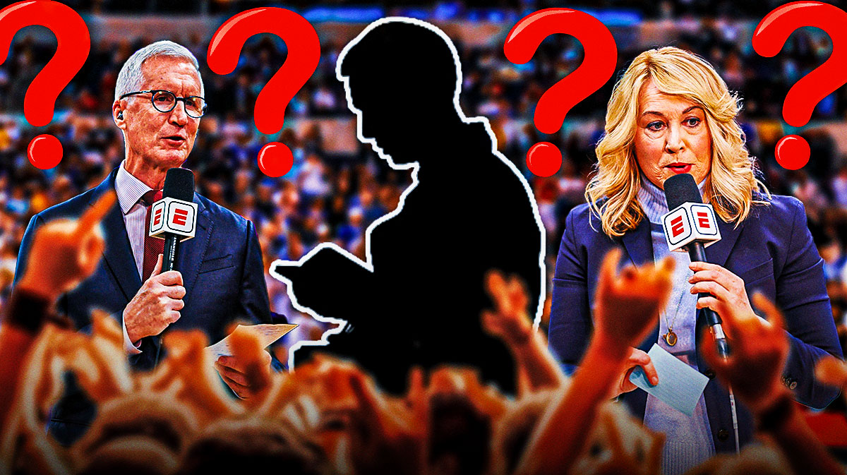 Mike Breen, Doris Burke and dark silhouette of a broadcaster with question marks around them