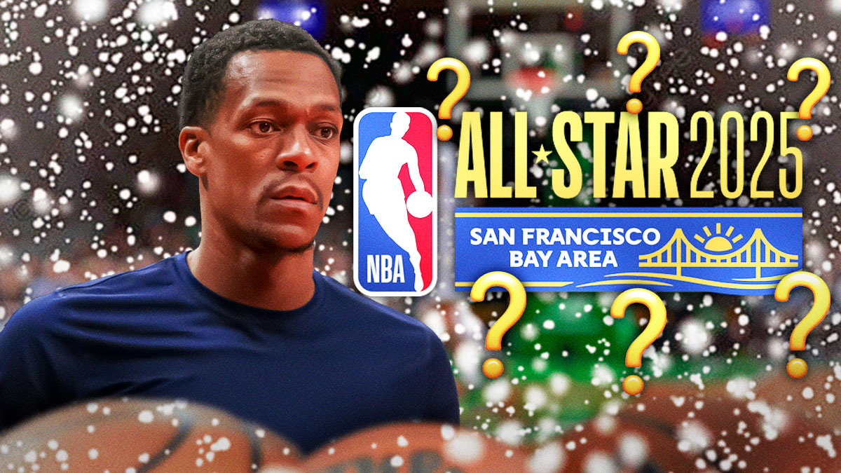 Rajon Rondo looking confused with the 2025 NBA All-Star logo next to him. Throughout the logo, there are question marks inside of it, and snow throughout the graphic.