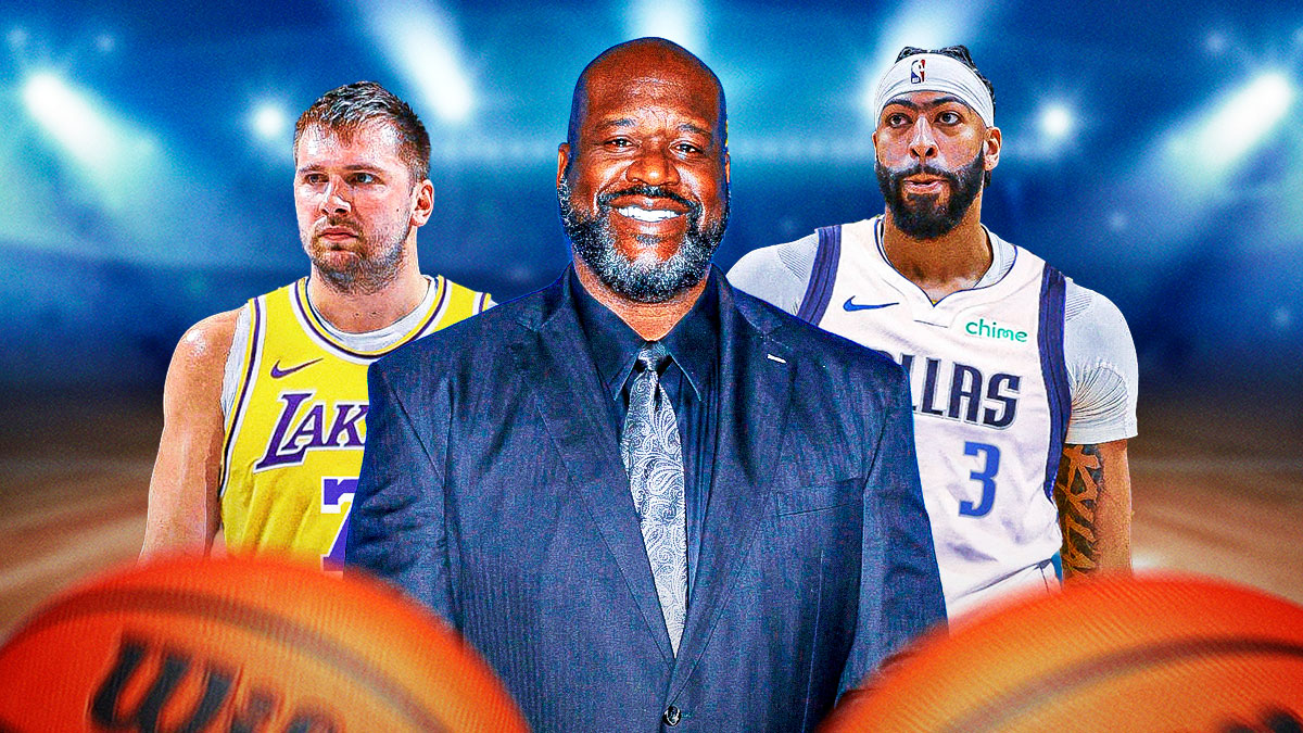 Shaq, Luka Doncic in a Lakers jersey, and Anthony Davis in a Mavs jersey.