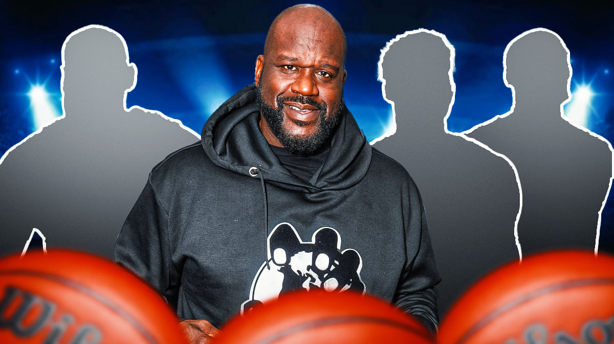 Shaquille O’Neal with a silhouettes of Kevin Durant, LeBron James and Anthony Edwards