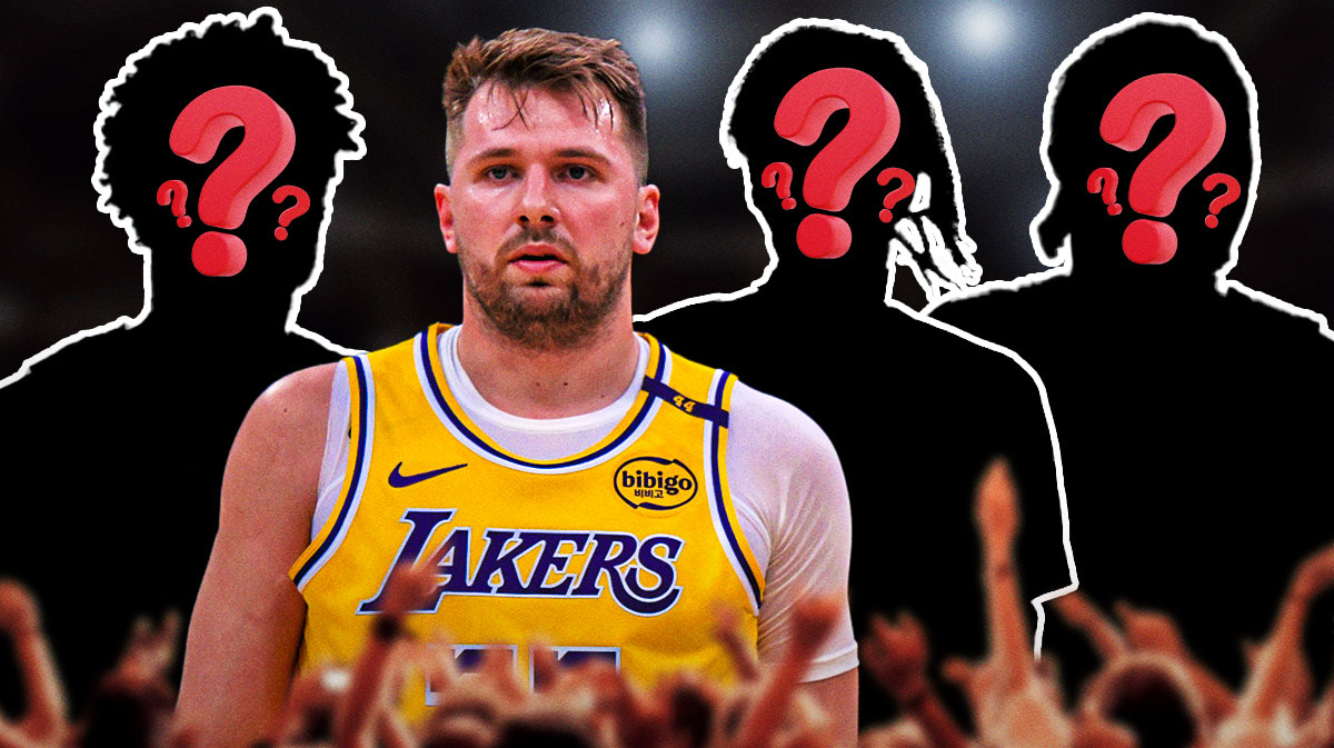 Luka Doncic in the foreground, and the silhouettes of three other NBA players in the background (with question marks): Marcus Smart, Bones Hyland, Caris LeVert