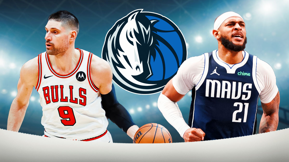 Mavericks' Daniel Gafford and Bulls' Nikola Vucevic with Mavericks logo in between