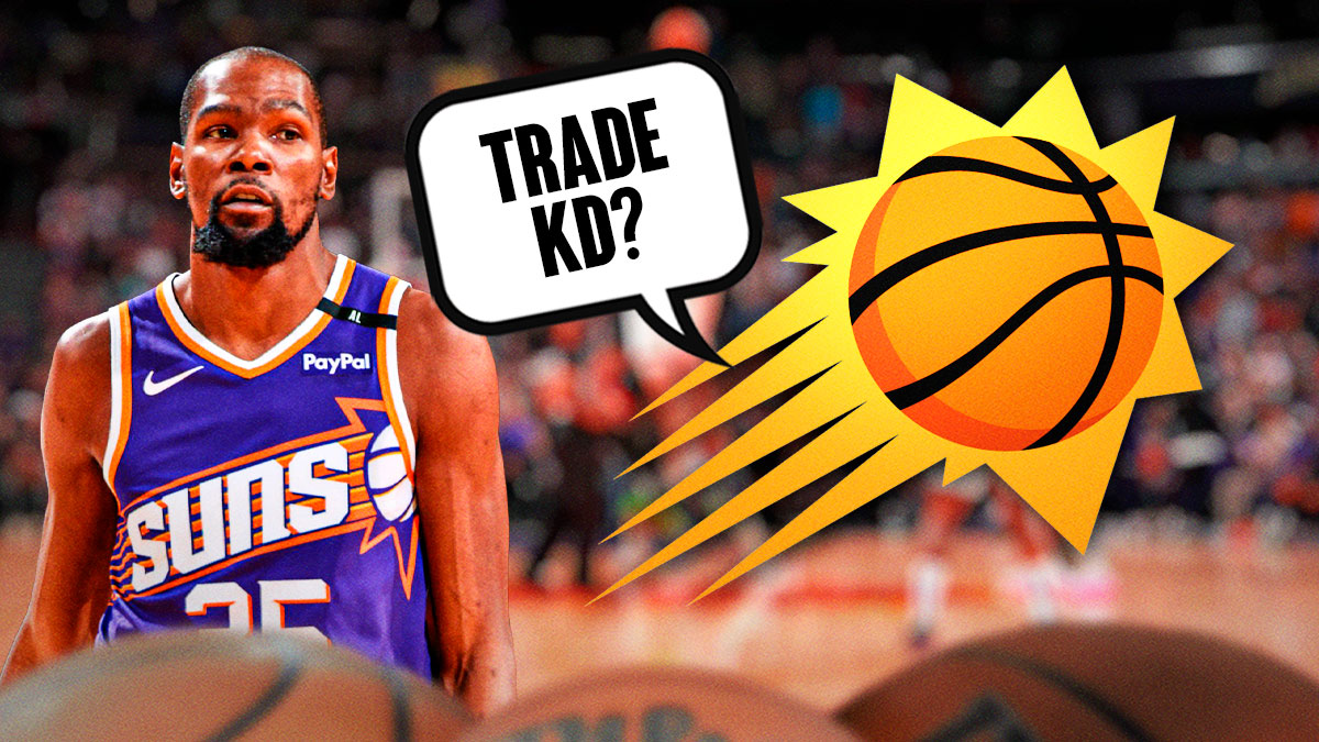 The Phoenix Suns logo with a thought bubble that says "Trade KD?" and Kevin Durant next to the logo.