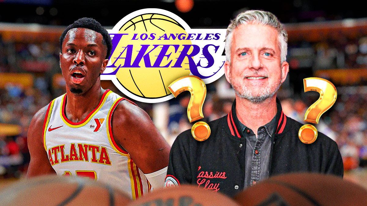 Bill Simmons with question marks around him, along with Onyeka Okongwu next to him and the Lakers logo in the background