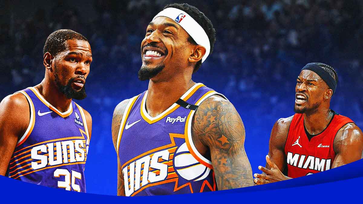Suns' Bradley Beal smiling, with Kevin Durant and Jimmy Butler looking at him angrily