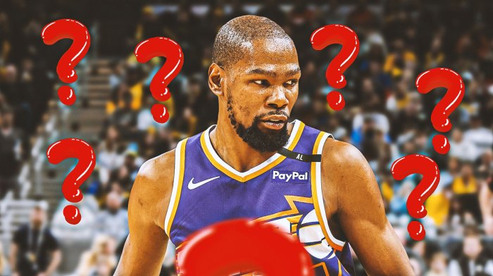Kevin Durant with question marks around the picture.