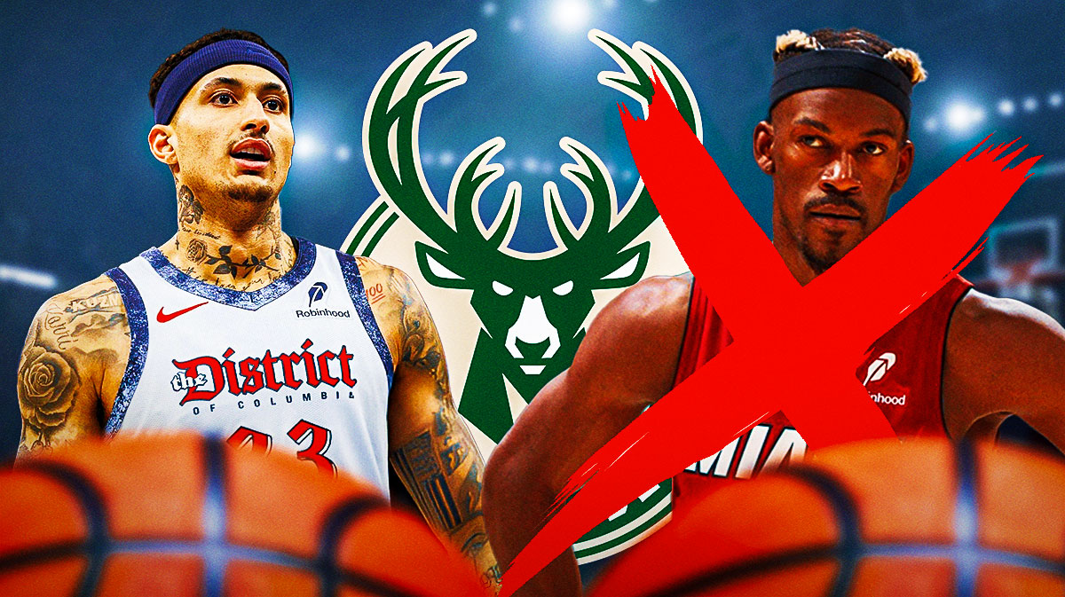 Kyle Kuzma and Jimmy Butler on either side of Milwaukee Bucks logo with Butler crossed out