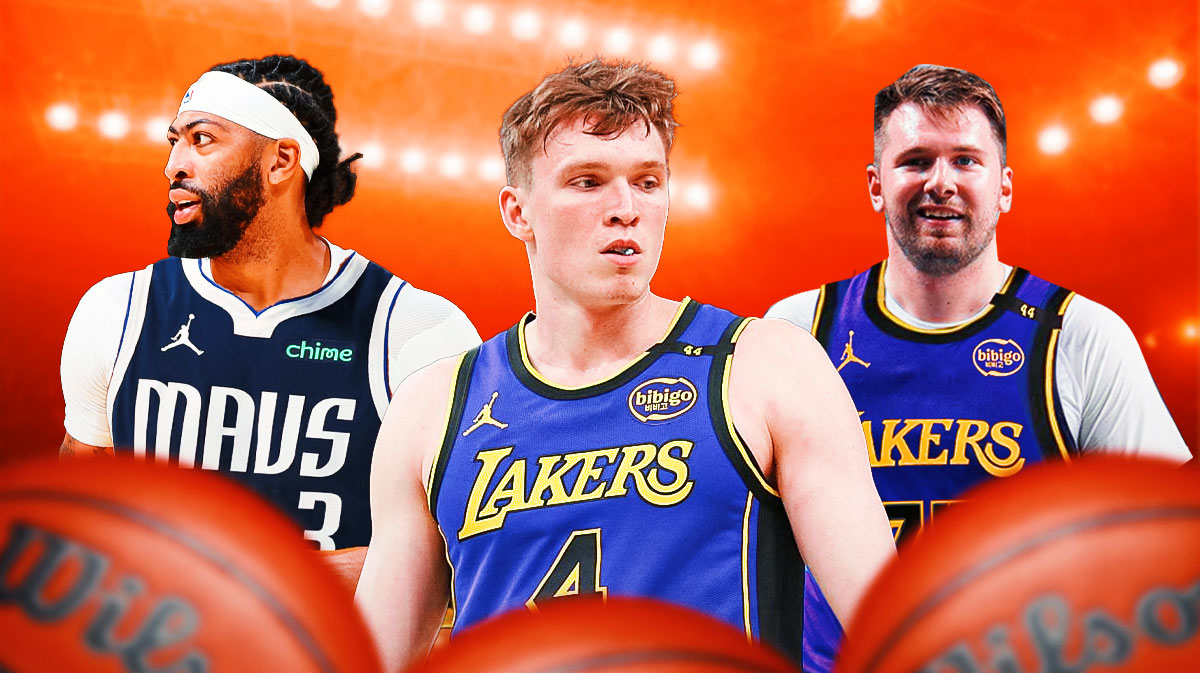 Dalton Knecht, Luka Doncic in a Lakers uniform. Anthony Davis in a Mavericks uniform
