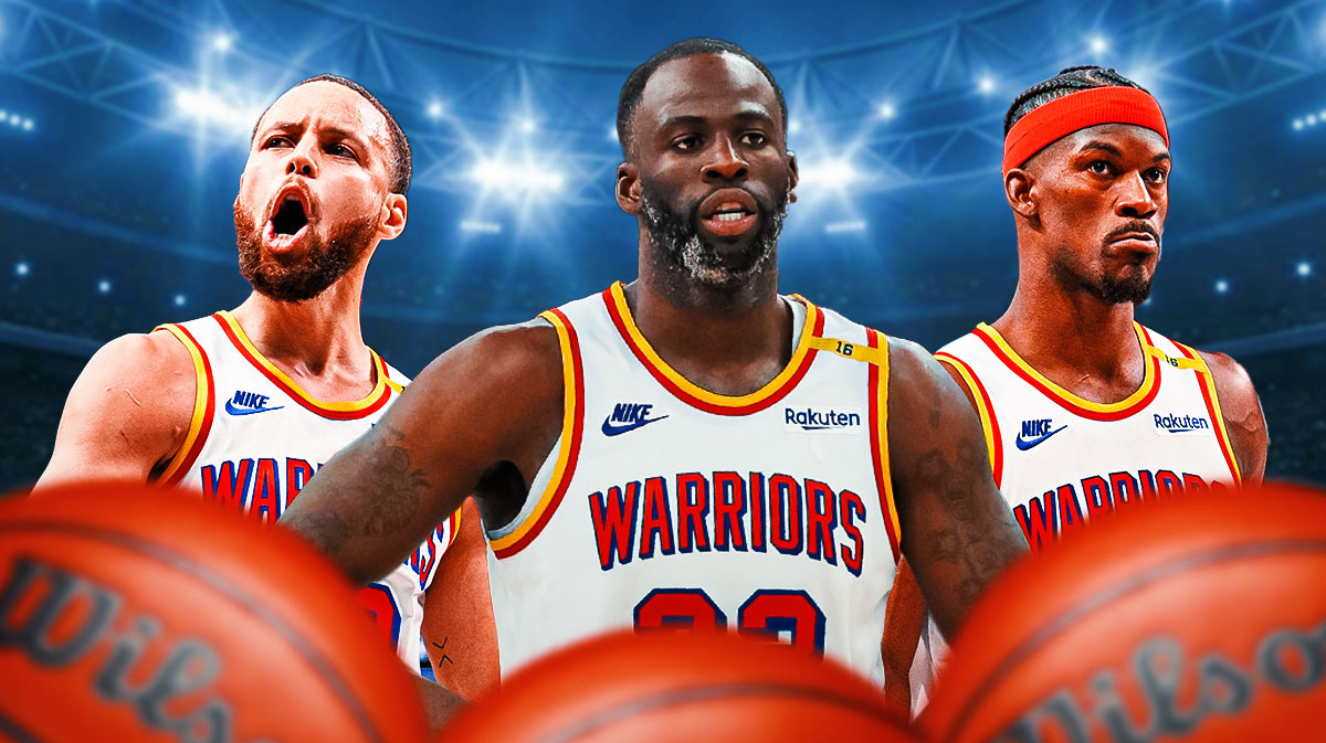 Golden State Warriors star Draymond Green in the middle with Jimmy Butler and Stephen Curry on either side in front of the Chase Center.