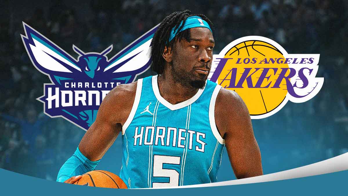 Hornets' Mark Williams with Hornets logo on one side and Lakers logo on the other