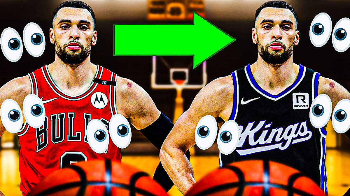 Zach LaVine on one side in a Chicago Bulls jersey with an arrow pointing to Zach LaVine on the other side in a Sacramento Kings jersey, a bunch of the big eyes emojis in the background
