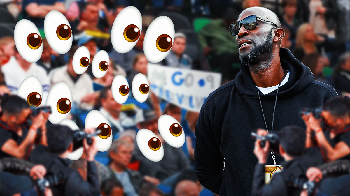 Kevin Garnett on one side, a bunch of Minnesota Timberwolves fans on the other side with the big eyes emoji over their faces