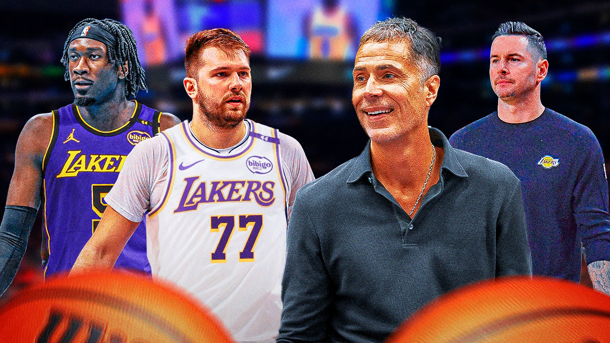 Luka Doncic, Mark Williams in Lakers uniforms. Rob Pelinka, JJ Redick