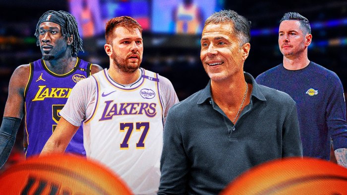Luka Doncic, Mark Williams in Lakers uniforms. Rob Pelinka, JJ Redick