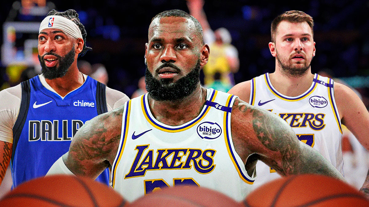 LeBron James next to Anthony Davis (Mavericks #3 jersey) and Luka Doncic (Lakers #77 jersey)