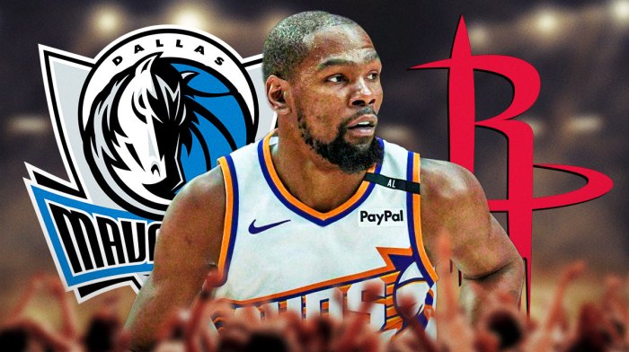 Kevin Durant in the middle, the Dallas Mavericks logo on one side, the houston Rockets logo on the other side