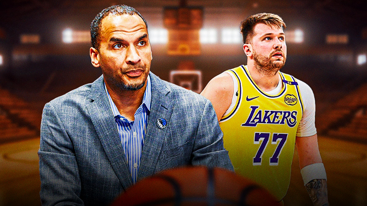 Mavericks' Nico Harrison with stoic expression and Lakers Luka Doncic looking confused