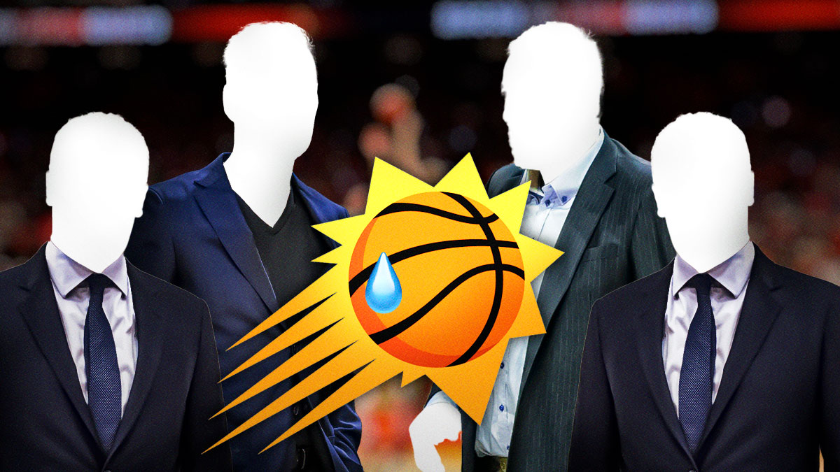 Silhouettes of NBA executives looking at the Suns logo, while the Suns logo has a tear drop going down it.