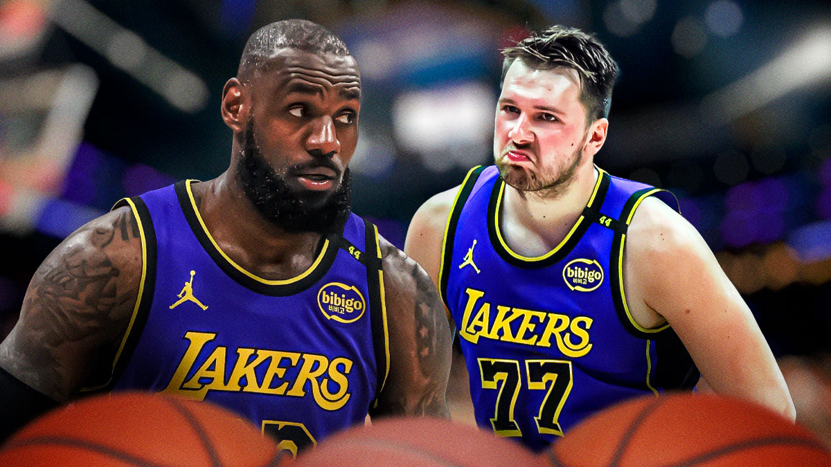 Lakers, LeBron James, Luka Doncic, LeBron James Luka Doncic, Luke Doncic Lakers, LeBron James and Luka Doncic in Lakers uni, Lakers arena in the background