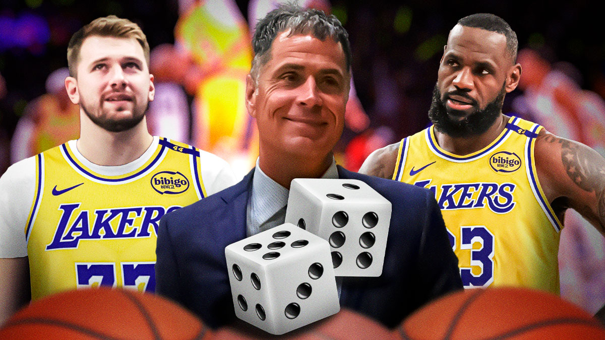 Los Angeles Lakers general manager Rob Pelinka with LeBron James and Luka Doncic