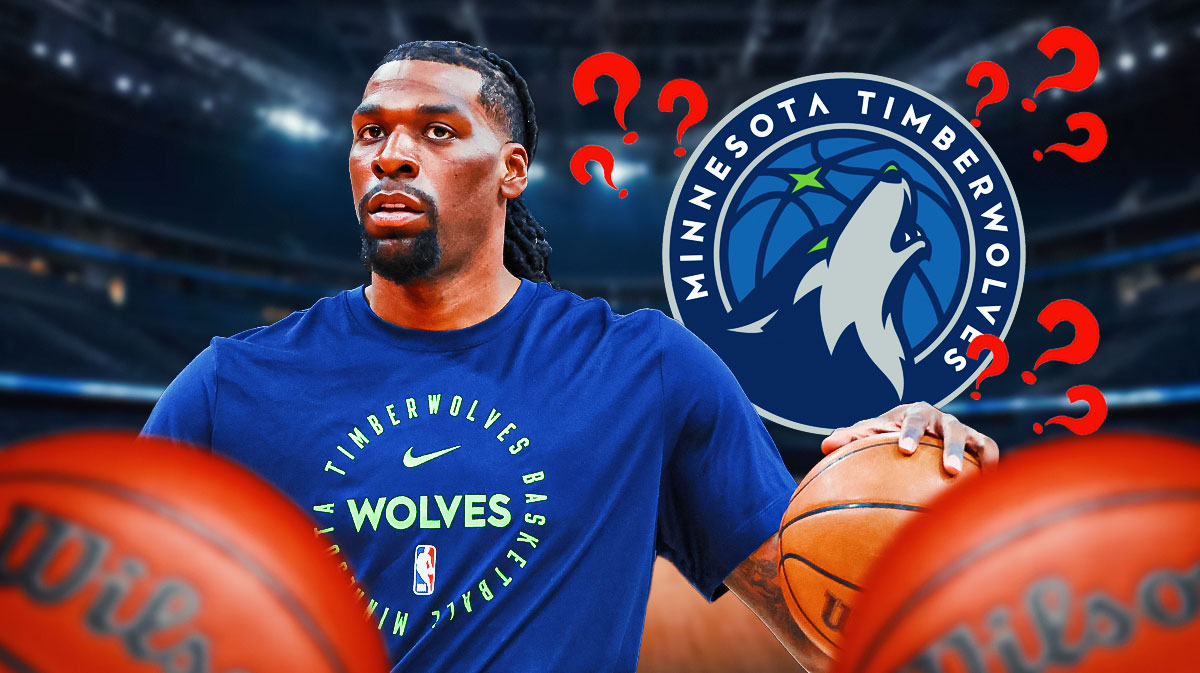 Timberwolves center Naz Reid, with the Timberwolves logo next to him, with question marks surrounding the logo.