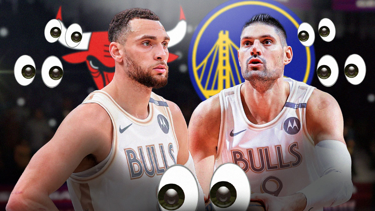 Zach LaVine, Nikola Vucevic, Chicago Bulls and Golden State Warriors logos in background, eyes symbols surrounding LaVine and Vucevic