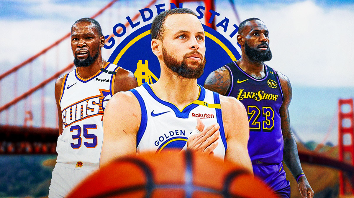 Warriors' Stephen Curry in the middle with Suns' Kevin Durant on one side and Lakers' LeBron James on the other. Warriors logo and the Golden Gate Bridge in the background