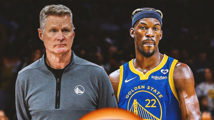 Warriors Steve Kerr with Jimmy Butler in Warriors uniform