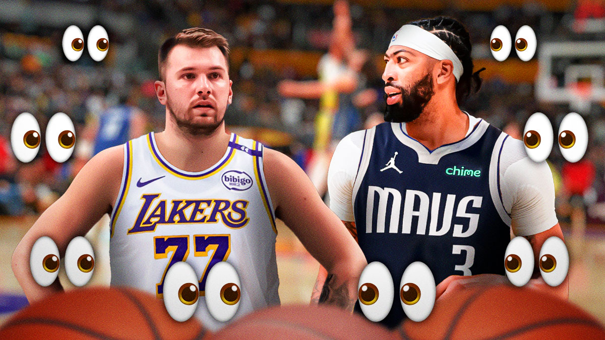 Luka Doncic on one side in a Los Angeles Lakers uniform, Anthony Davis on the other side in a Dallas Mavericks uniform, a bunch of the big eyes emojis in the background