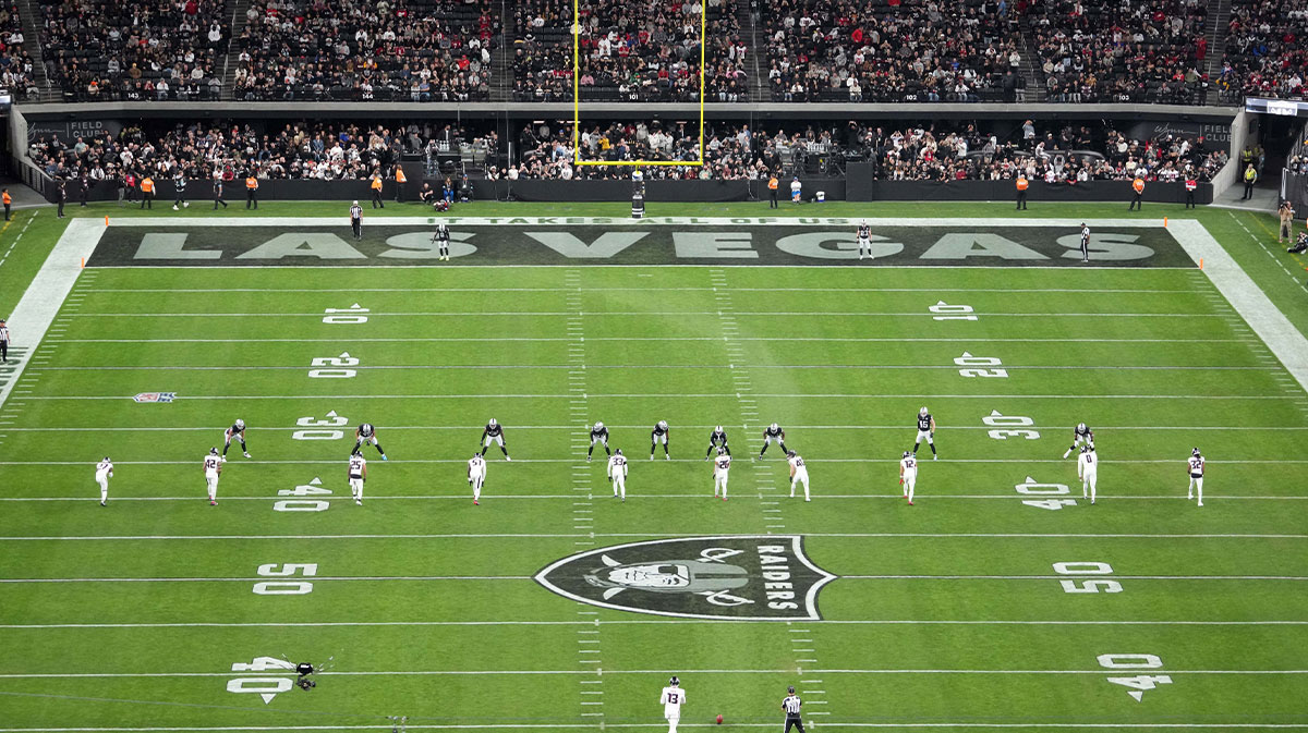 A general view of Atlanta Falcons punter Bradley Pinion (13) during a dynamic kickoff against the Las Vegas Raiders at Allegiant Stadium.