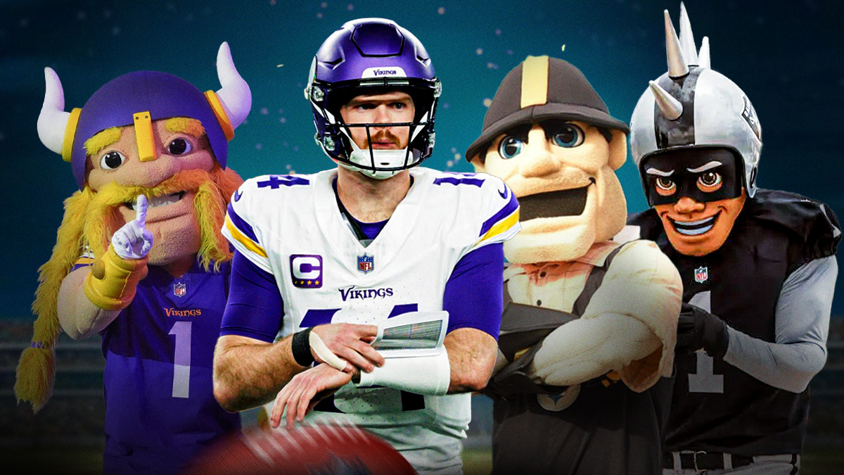 Sam Darnold next to the mascots for the Vikings, the Steelers, and the Raiders.