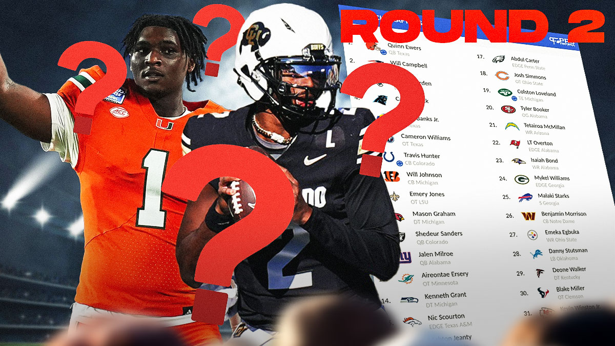 Shedeur Sanders and Cam Ward standing next to each other with question marks around them. Also, the NFL Draft Board in the background with it saying "Round 2"