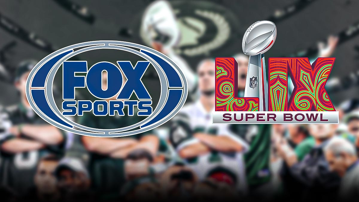 NFL fans angry in background with FOX sports logo and Super Bowl LIX logo in foreground. Caesars Superdome in background.