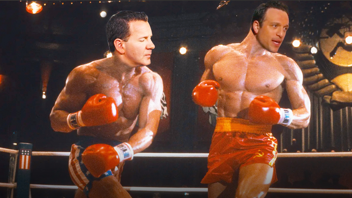 NFL Network's Ian Rapoport's head on Rocky's body (fighter on left) and Fox Sports' Jordan Schultz's head on Ivan Drago's body (fighter on right) with the NFL logo behind them and the words: Combine Fight! as ian rapoport and jordan schultz fight breaks out.