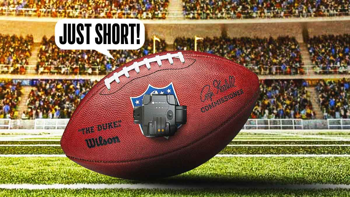 A football placed on the field wearing an electronic monitoring device with a word bubble coming from the football that says: Just short! as electronic measurements for first downs in the nfl will start in 2025