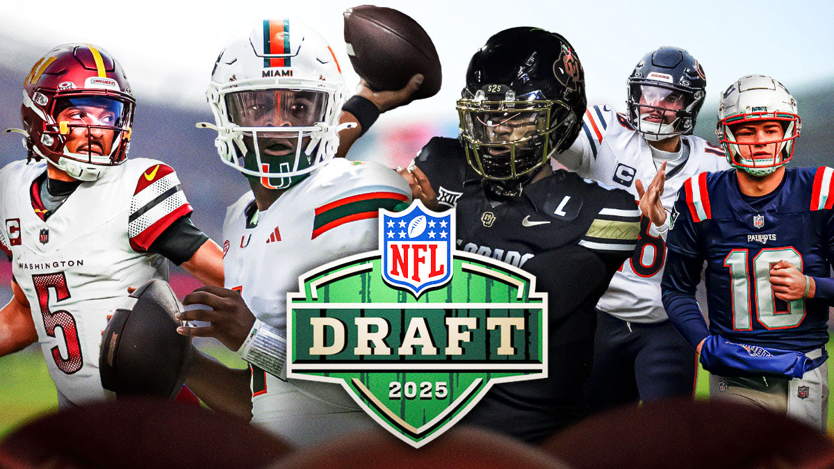 Photo: Cam Ward, Shedeur Sanders in action, Caleb Williams, Jayden Daniels, Drake Maye behind them in action, 2025 NFL draft logo in there
