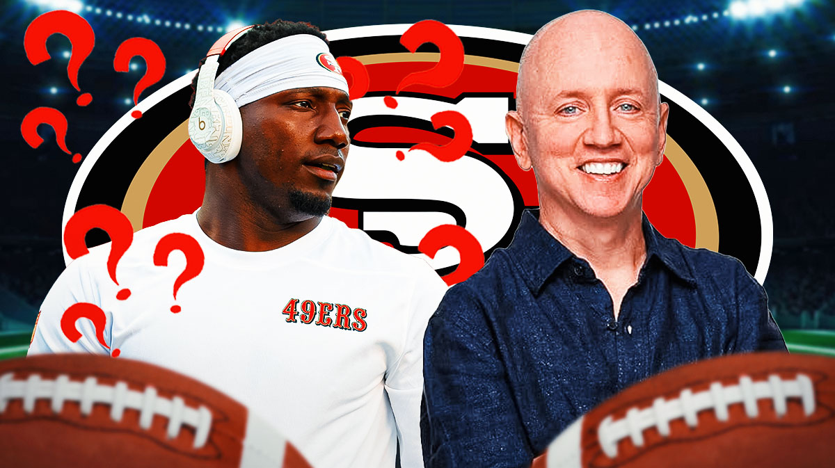 San Francisco 49ers WR Deebo Samuel surrounded by question mark emojis. He is next to Matt Barrows, writer for The Athletic. There is also a logo for the San Francisco 49ers.