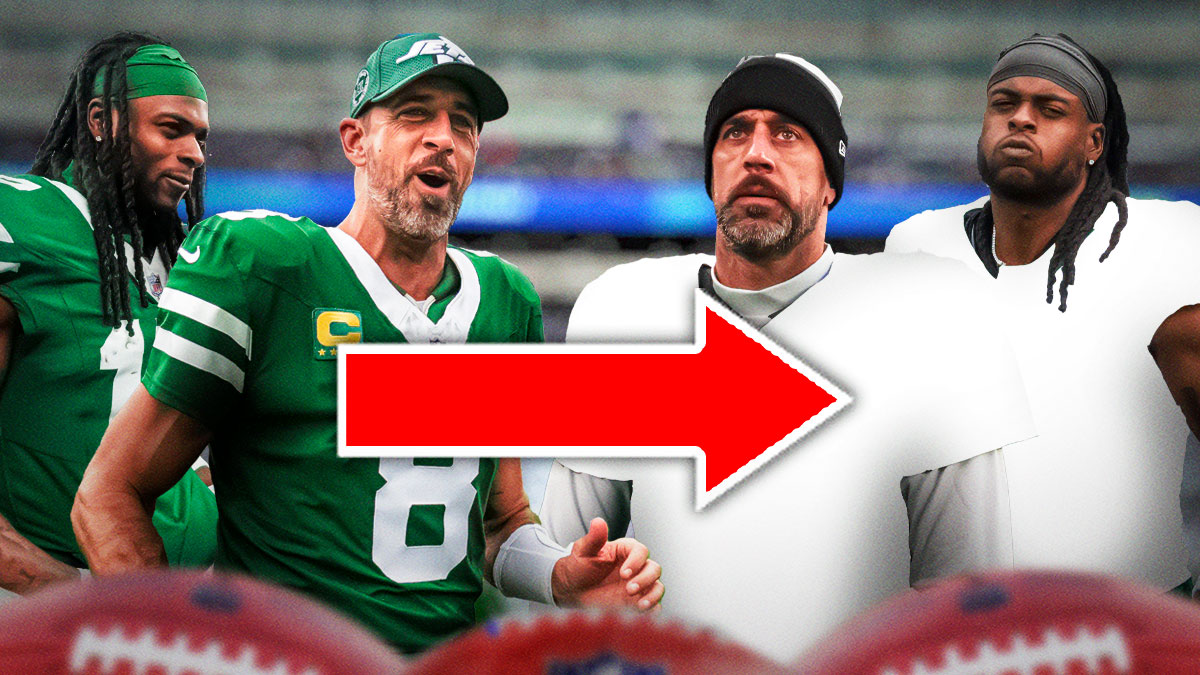Aaron Rodgers and Davante Adams on one side in New York Jerseys with an arrow pointing to Aaron Rodgers and Davante Adams on the other side in blank jerseys