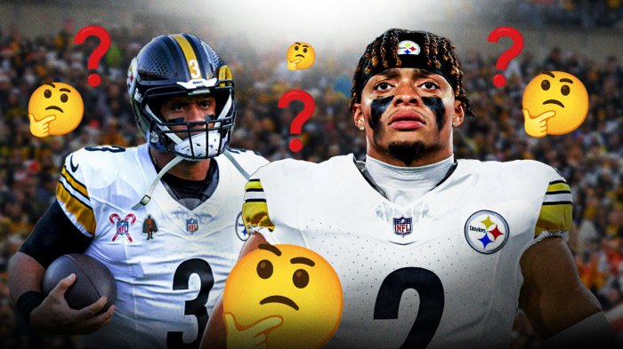 Steelers QBs Russell Wilson and Justin Fields standing next to each other with confused/unsure looks on their faces. Multiple ❓ and 🤔 emojis in background. Background is Acrisure Stadium.