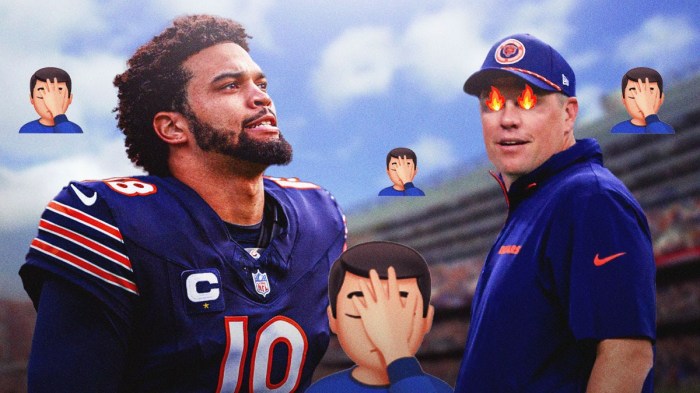 Bears QB Caleb Williams looking mad/annoyed standing next to former Bears OC Shane Waldron (who has fire in his eyes while he's smiling). Background has multiple 🤦‍♂️ emojis. Background is Soldier Field.