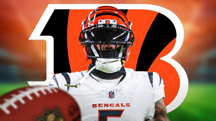 Bengals' Tee Higgins with Bengals logo behind him