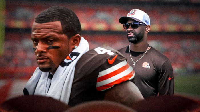 Browns Andrew Berry with Browns DeShaun Watson looking down ahead of 2025 NFL Draft and free agency