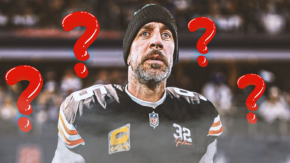 Aaron Rodgers in a Browns uniform with question marks all around.