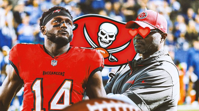 Tampa Bay Buccaneers WR Chris Godwin next to Buccaneers head coach Todd Bowles. Bowles has heart emojis over his eyes. There is also a logo for the Tampa Bay Buccaneers.